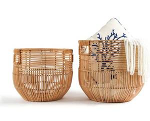 lot 61078 image: Set Of 2 Large Woven Blanket Baskets With Handles  Round Wicker Rattan Storage Floor Baskets for Shoe In Living Room  Extra Big Boho Rattan Laundry Baskets For Pillow, Blanket