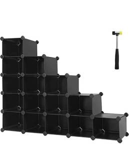 lot 61088 image: SONGMICS Shoe Rack, Space-Saving 15-Slot Plastic Storage Organizer Unit, Modular Cabinet, Ideal for Entryway Hallway Closet Garage, 44.5 x 14.2 x 34.6 Inches, Black