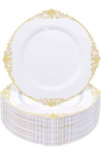 lot 62034 image: Nervure 100PCS White and Gold Plastic Plates - 10.25Inch Gold Disposable Plates - Heavyweight Gold Dinner Plates for Wedding & Party, opened May not be a full 100
