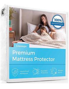lot 62045 image: Linenspa Waterproof Smooth Top Premium Queen Mattress Protector, Breathable & Hypoallergenic Queen Mattress Covers - Packaging may vary, White