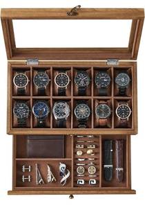 lot 62063 image: SONGMICS 12-Slot Watch Box, 2-Tier Watch Display Case with Large Glass Lid, Removable Watch Pillows, Velvet Lining, Jewelry Box, Gift Idea, Rustic Walnut