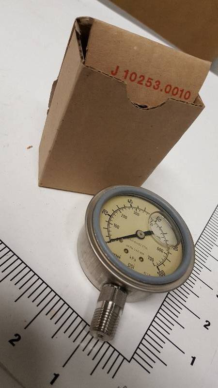 lot 7134 image: NEW NOS Stainless steel case Haenni 0-100 PSI Liquid Filled Pressure with 14 male pipe threads
