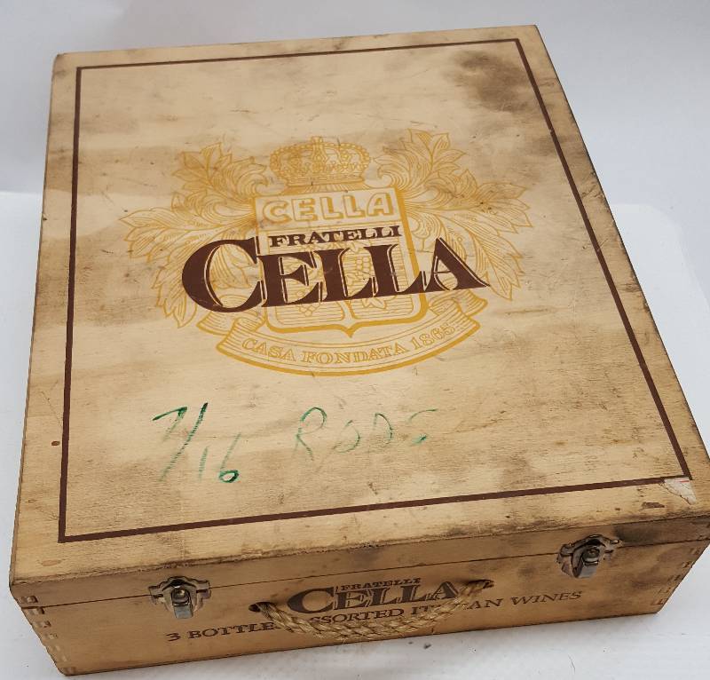 lot 6072 image: Cool old Cella Fratelli wooden and hinged wine box that was last used by a car guy to display