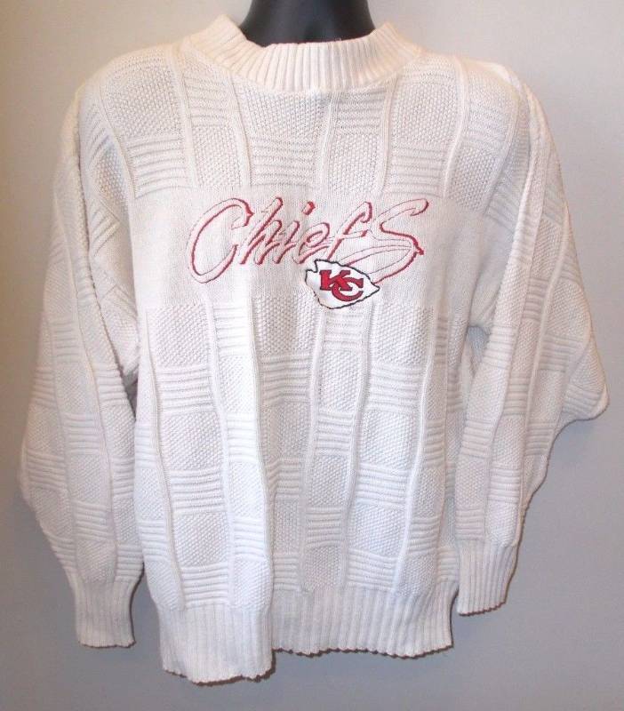 lot 6077 image: Beautiful like new Antigua Sports KC Chiefs size large mens knit sweater Cream Ivory Thick Warm Cable Knit USA
