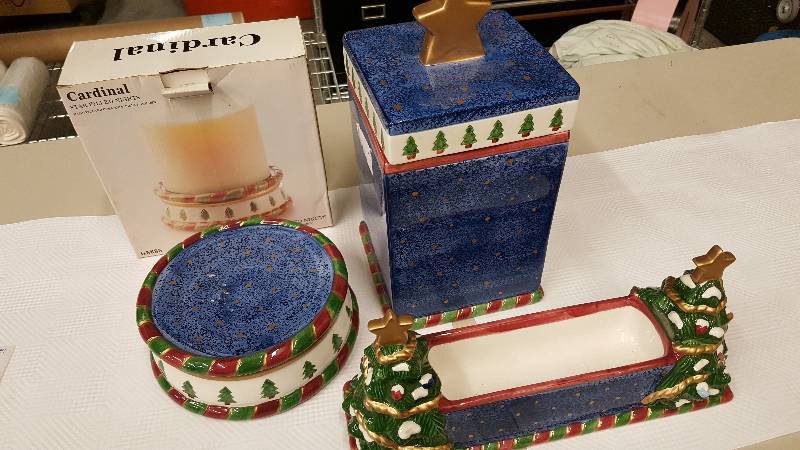 lot 5968 image: Holiday Cookie Jar, cracker holder and a candle holder.  All three matching pieces to add to your Christmas decor