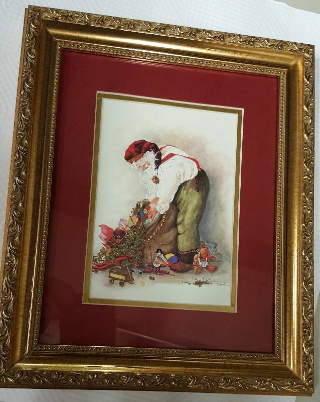 lot 5989 image: Beautiful framed 8 X 10 Christmas picture with Santa filling his toy bag