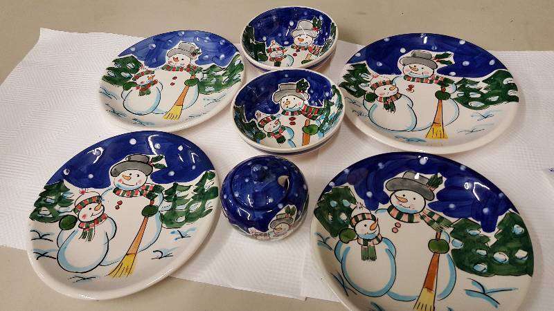 lot 5955 image: Snowman Christmas dishes. 4 plates- one is chipped two bowls and sugar bowl