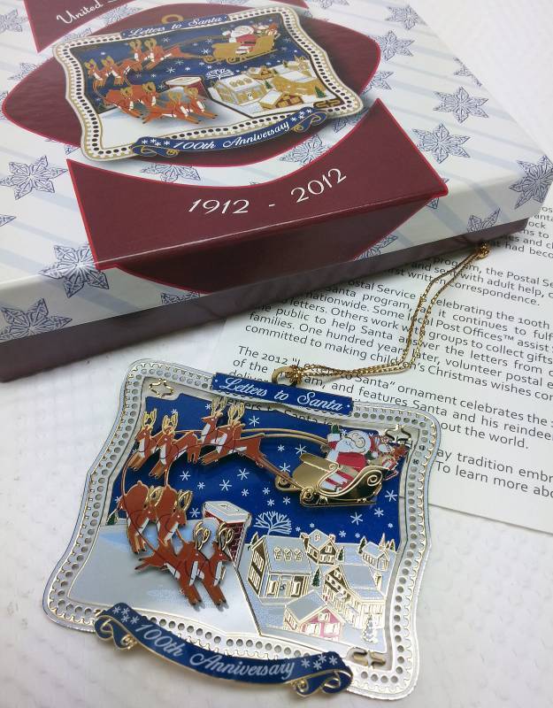 lot 9117-2 image: New in the original box USPS Christmas 2012 ornament celebrates 100th anniversary of Letters To Santa.