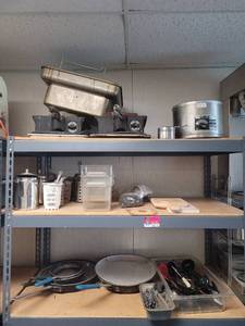 lot 41132 image: Contents Of Shelf - Waffle Makers  Pans  Utensils  Nut Crackers  Bins  Percolators&nbsp