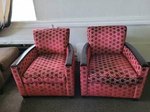 lot 37161 image: (2) Red Pearson Velvet Geometric Design Arm Chairs