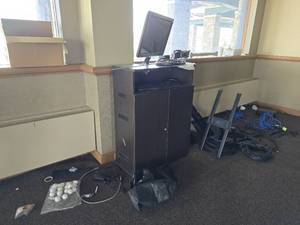 lot 37300 image: Assorted Lot W Electronic Cords, TV Wall Mount, Computer Cabinets, And More