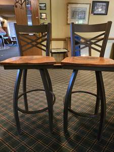 lot 37393 image: 2 Metal Bar Height Swivel Chairs W Wood Seat