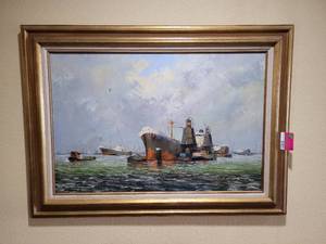 lot 37421 image: Oil Painting of Harbor With Cargo Ship