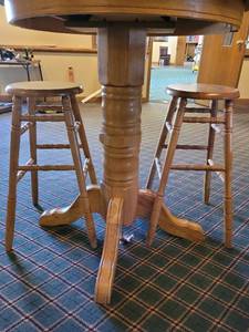 lot 37423 image: Blonde Pub Bar Wooden High-Top Table With (2) Barstools