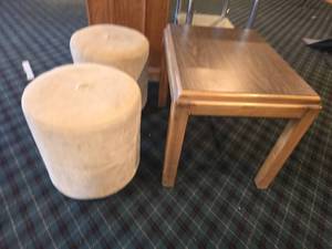 lot 27097 image: Lot W (2) Cloth Stools And A Side Table