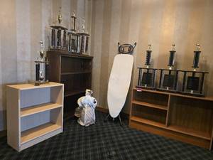 lot 27102 image: Lot W 3 Bookshelves, Trophies, ironing Board and Santa&nbsp