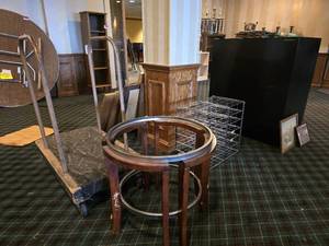 lot 27121 image: Assorted Lot W Table Cart, Metal Rack, and File Cabinet