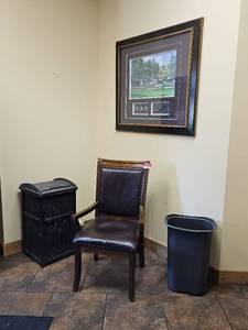 lot 36278 image: Assorted Lot With Arm Chair, Trashcan, And Golf Memorabilia