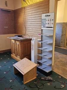 lot 36279 image: Assorted Lot W 2 Door Wooden Cabinet, Podium Attachment, Merchandising, And More