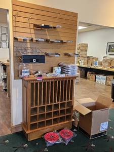 lot 36281 image: Assorted Lot W Oak Merchandise Cabinet, Nameless Merchandise Racks, Hooks, And More