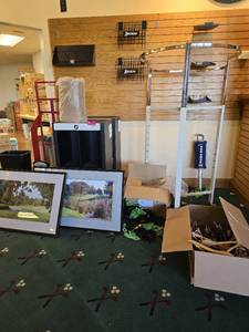 lot 36282 image: Assorted Lot W Merchandise Racks, Artwork, and More