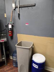 lot 37465 image: Assorted Lot Of Kitchen Items W Trash Bin, Fire Extinguisher, And More