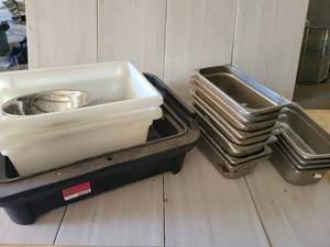 lot 50574 image: Assorted Lot Including Ice Well, Stainless Pans And More