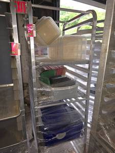lot 28059 image: Commercial Sheet Pan Rack W Sheet Pans, Food Storage Containers, and More