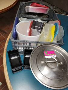 lot 31562 image: Contents Of Basket, Metal Warming Pans And More