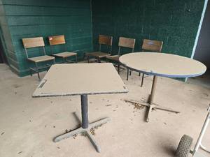 lot 46513 image: 3 Assorted Tables And 5 Wood And Metal Chairs