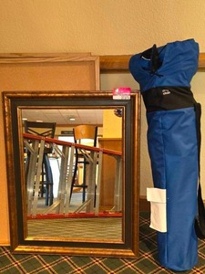 lot 37375 image: Assorted Lot W Kijaro Camping Chair Blue - Retail $102.68, 2 Cork Boards, And A 31in Morror