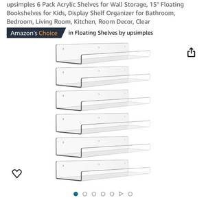 lot 1393 image: Acrylic Shelves for Wall Storage, 15 Floating Bookshelves for Kids, Display Shelf Organizer for Bathroom, Bedroom, Living Room, Kitchen, Room Decor, Clear