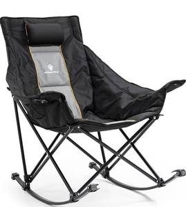 lot 1394 image: Dowinx Oversized Rocking Camping Chair, Fully Padded Patio Chair with Side Pocket and Carry Bag, High Back Portable Lawn Recliner with Headrest, Support 300 lbs, Black