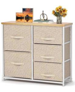 lot 1403 image: Pipishell Fabric Dresser, 5 Drawer Storage Chest Tower, Organizer Unit for Bedroom, Hallway, Entryway, Closets and Living Room -Sturdy Steel Frame, Wood Top, Easy Pull