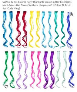lot 1410 image: SWACC 22 Pcs Colored Party Highlights Clip on in Hair Extensions Multi-Colors Hair Streak Synthetic Hairpieces (11 Colors 22 Pcs in Set -Curly Wavy)