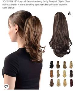 lot 1416 image: SOFEIYAN 13 Ponytail Extension Long Curly Ponytail Clip in Claw Hair Extension Natural Looking Synthetic Hairpiece for Women, Dark Brown