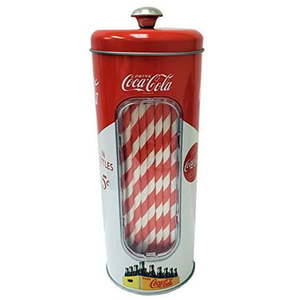 lot 1430 image: The Tin Box Company Coke Holder Tin with 20 Paper Straws Inside 3-38 x 8-14 H Red and White