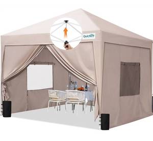 lot 1432 image: Quictent Privacy 8x8 Pop up Canopy Tent with Sidewalls and Roll-up Ventilated Windows, One Person Setup, Ez Outdoor Commercial Gazebo Shelter Enclosed Waterproof, Bonus 4 Sandbags (Beige)