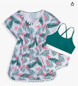 lot 1440 image: Goodstoworld 9-10 Years Girls 3 Piece Cover Up Swimsuit Beach Print Bikini Bathing Suit with Pompom Tassel