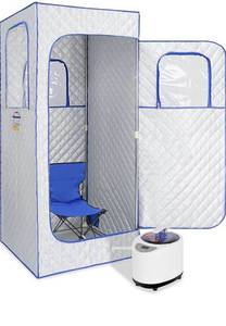 lot 1451 image: Full Size Portable Personal Steam Sauna Tent Steam Sauna Spa for Home Relaxation, Indoor Sauna Kits with 2.6L 1000 Watt Steam Generator, Timer & Chair Included