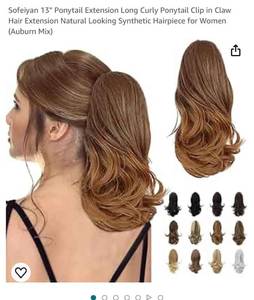 lot 1458 image: Sofeiyan 13 Ponytail Extension Long Curly Ponytail Clip in Claw Hair Extension Natural Looking Synthetic Hairpiece for Women (Auburn Mix)