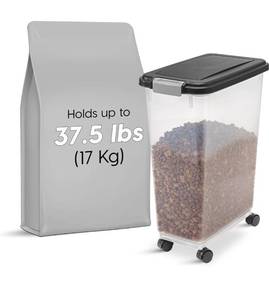 lot 1468 image: IRIS USA 37.5 Lbs  47 Qt WeatherPro Airtight Pet Food Storage Container with Attachable Casters, For Dog Cat Bird and Other Pet Food Storage Bin, Keep Fresh, Translucent Body, Easy Mobility, Black