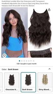 lot 1469 image: KooKaStyle Invisible Wire Hair Extensions with Transparent Headband Adjustable Size 4 Secure Clips Long Wavy Secret Wire Hairpiece Dark Brown6# 16 Inch for Women