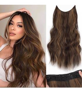 lot 1470 image: KooKaStyle Invisible Wire Hair Extensions with Transparent Headband Adjustable Size 4 Secure Clips Long Wavy Highlight Hairpiece 20 Inch Balayage Dark Brown to Chestnut for Women
