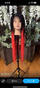 lot 1479 image: Retails $129.99 jumbo knotless black and red box braids, wig, with plucked baby hairs lace front