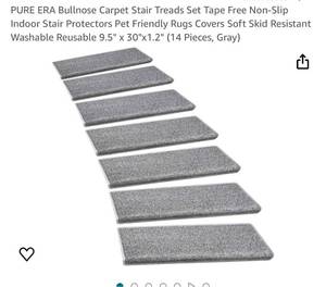 lot 1480 image: Retails $128.69 PURE ERA Bullnose Carpet Stair Treads Set Tape Free Non-Slip Indoor Stair Protectors Pet Friendly Rugs Covers Soft Skid Resistant Washable Reusable 9.5 x 30x1.2 (14 Pieces, Gray)