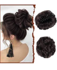 lot 1481 image: Retails $14.99 SOFEIYAN Claw Clip Messy Bun Hair Piece Wavy Curly Hair Bun Clip in Claw Chignon Ponytail Hairpieces Synthetic Tousled Updo Hair Extensions Scrunchie Hairpiece for Women, Medium Brown
