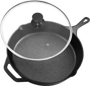 lot 5590 image: Utopia Kitchen Pre-Seasoned Cast Iron Skillet With Lid - 12 Inch Nonstick Frying Pan - Safe Indoor & Outdoor Grill Cookware
