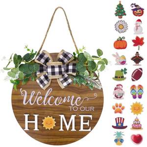 lot 5594 image: JPSOR Interchangeable Seasonal Welcome Sign, Round Wood Wreaths with 18 Seasonal Icons for Front Door, Farmhouse Home Porch All Seasons Outside Decor