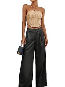 lot 5608 image: WDIRARA Womens Satin Pants Wide Leg High Waisted Loose Elegant Office Simple Pants Black M